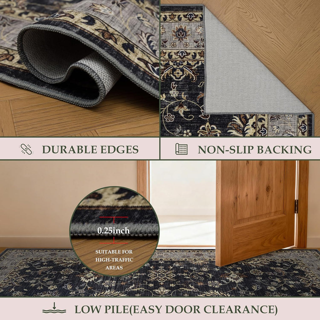 4x6 Washable Area Rug for Living Room, Carpet for Bedroom, Soft Faux Wool Retro Dining Room Rug, Non Slip&Non-Shedding Resistant Low Pile Vintage Print Rug for Home Office (Black/Yellow)
