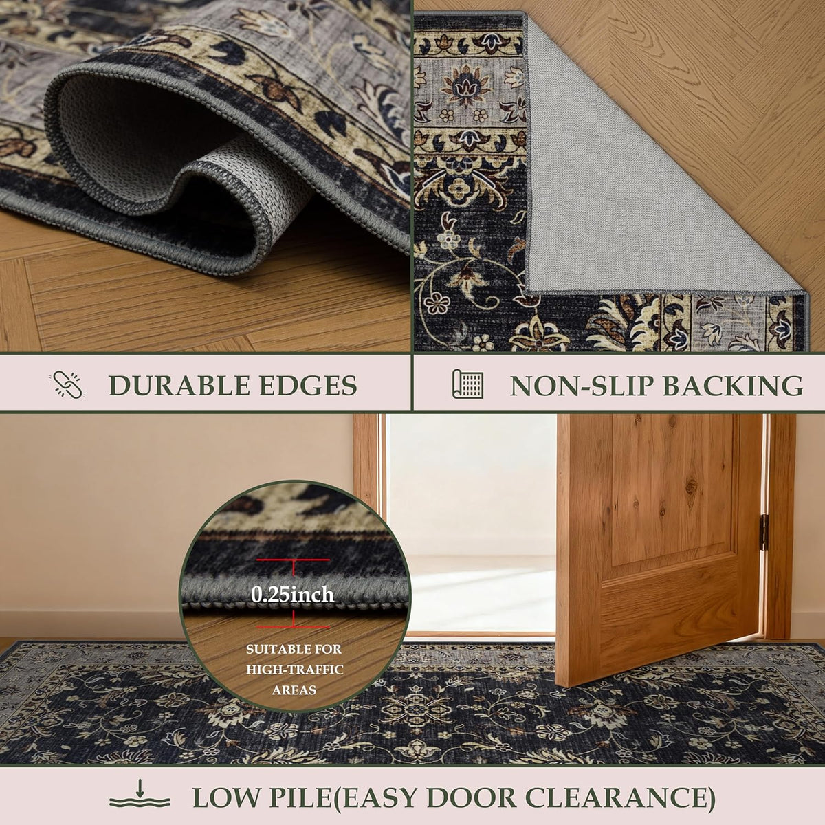 4x6 Washable Area Rug for Living Room, Carpet for Bedroom, Soft Faux Wool Retro Dining Room Rug, Non Slip&Non-Shedding Resistant Low Pile Vintage Print Rug for Home Office (Black/Yellow)