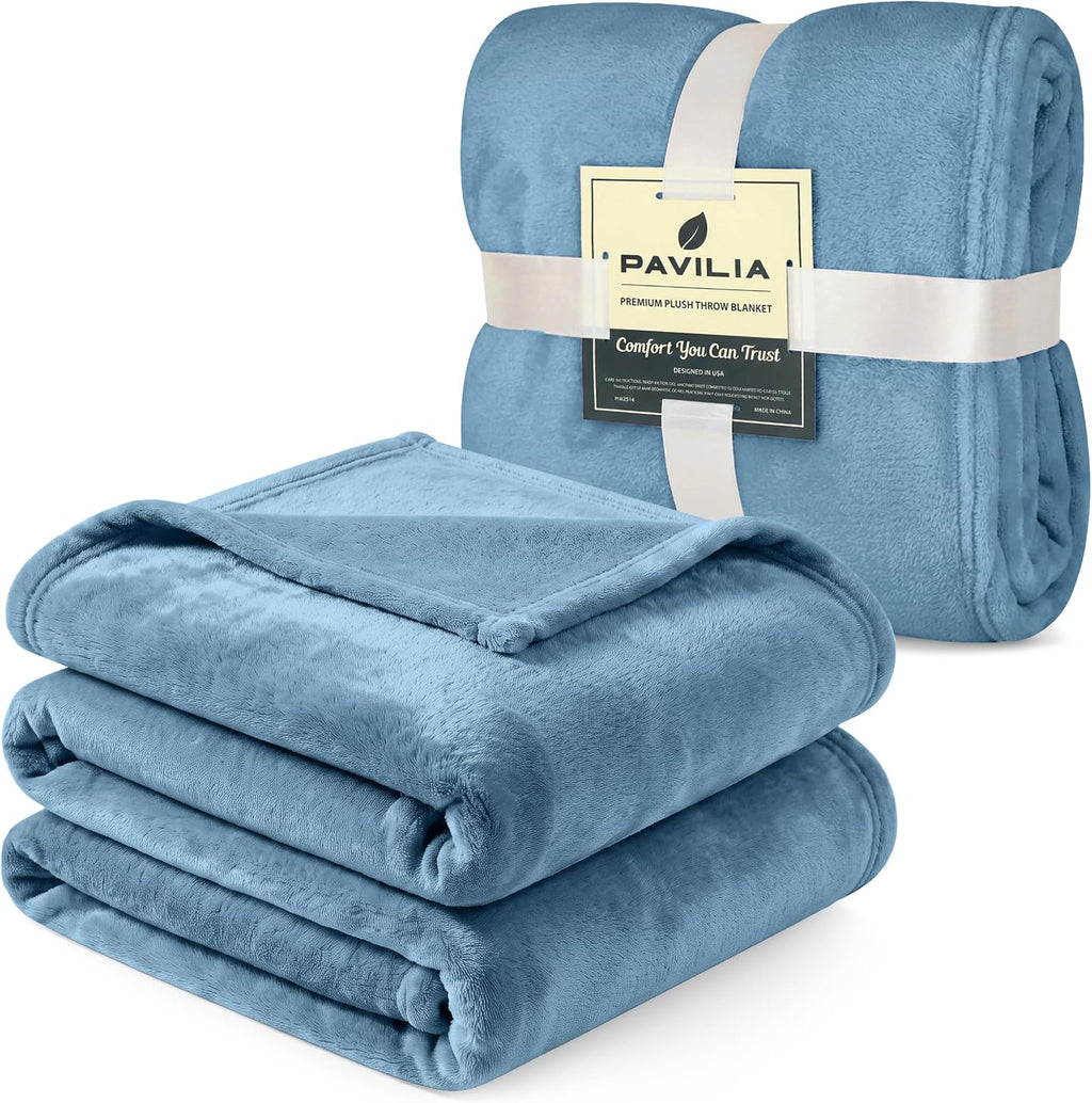 PAVILIA Fleece Throw Blanket, Soft Plush Fuzzy Flannel, Slate Blue 50x60