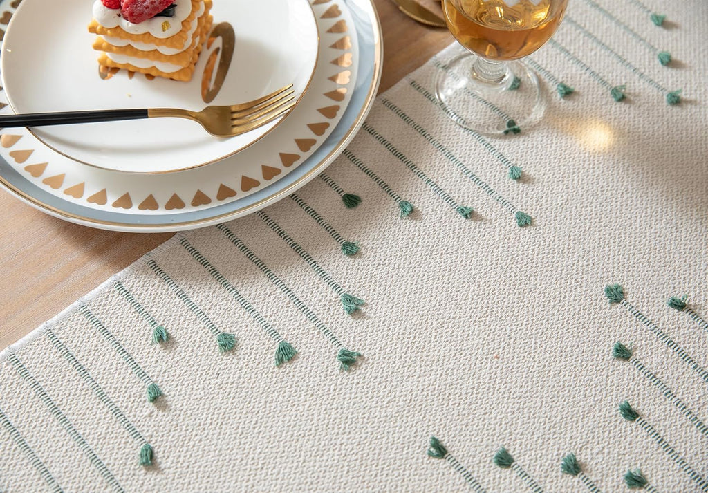 Caflife Green Beige Cotton Linen Rustic Boho Table Runner 13 x 90 Inch Long