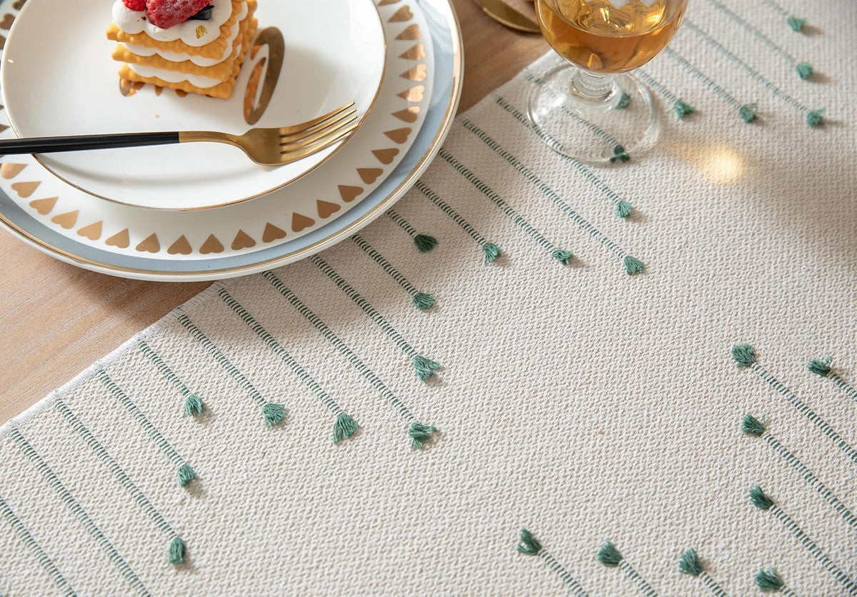 Caflife Green Beige Cotton Linen Rustic Boho Table Runner 13 x 90 Inch Long
