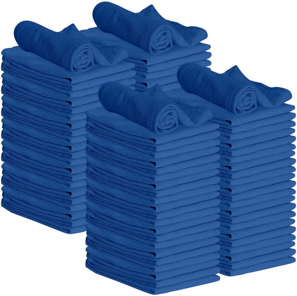 GREEN LIFESTYLE Shop Towels 12" x 14" 100 Pack - Blue Cotton Shop Towels, Cleaning Rags Bulk, Reusable Shop Rags, Absorbent Terry Cloth Cleaning Towels for Garage, Industrial and Housekeeping Use