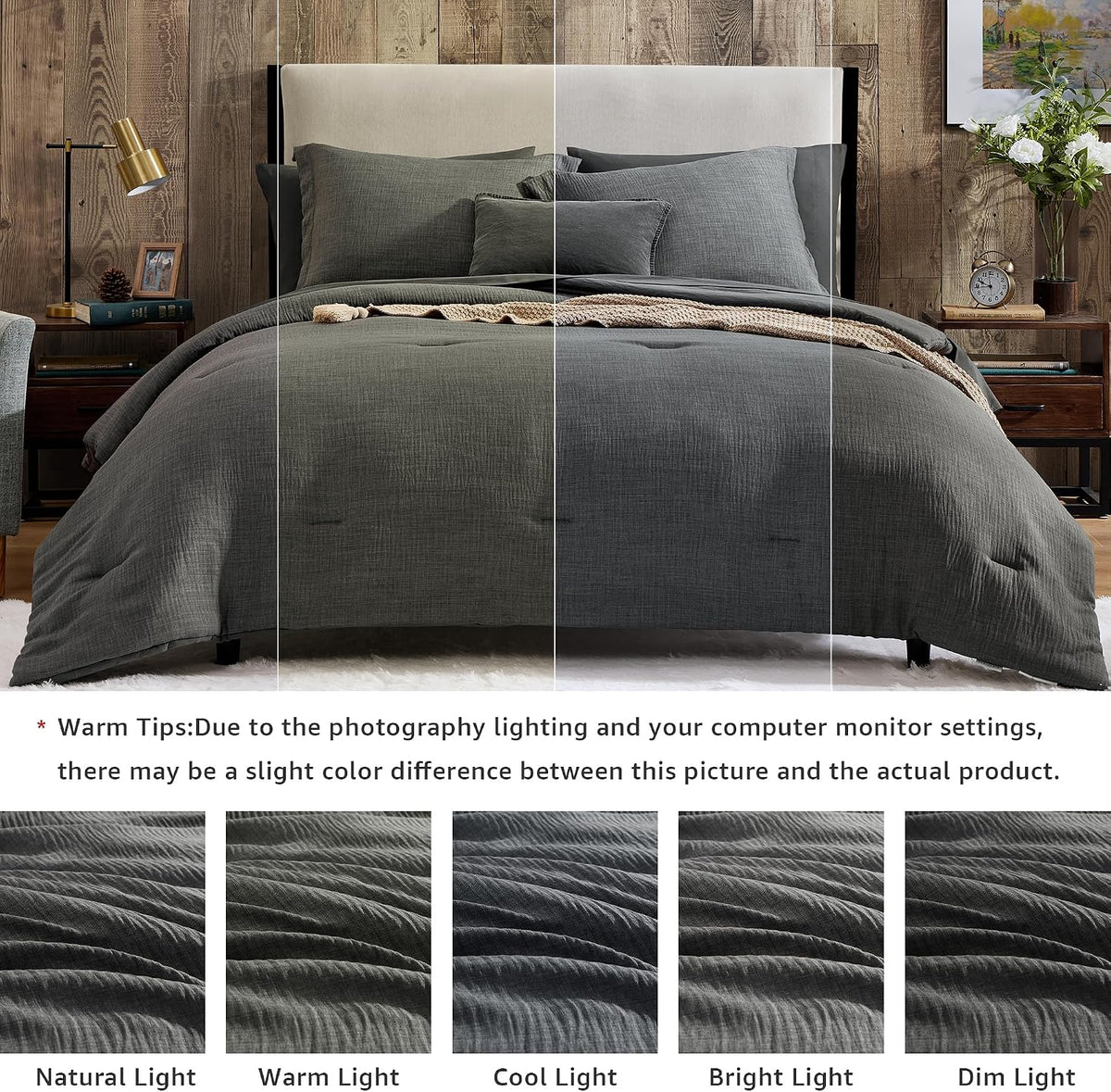 King Size Comforter Set- 7 Piece Gray King Bedding Set Solid Bed in a Bag