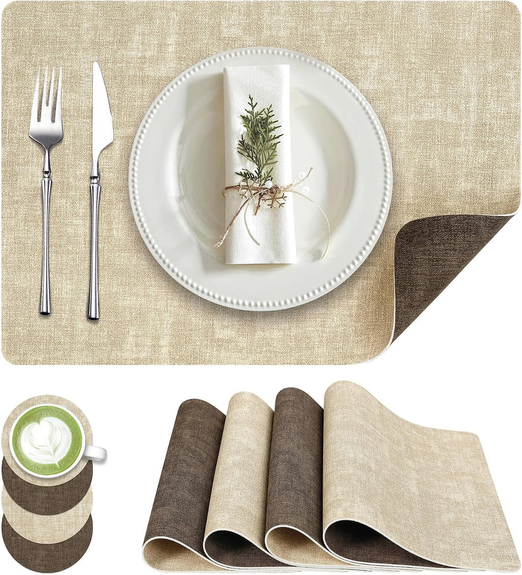 Fyvva Placemats Set of 6 Wipeable Reversible Faux Leather with Coasters