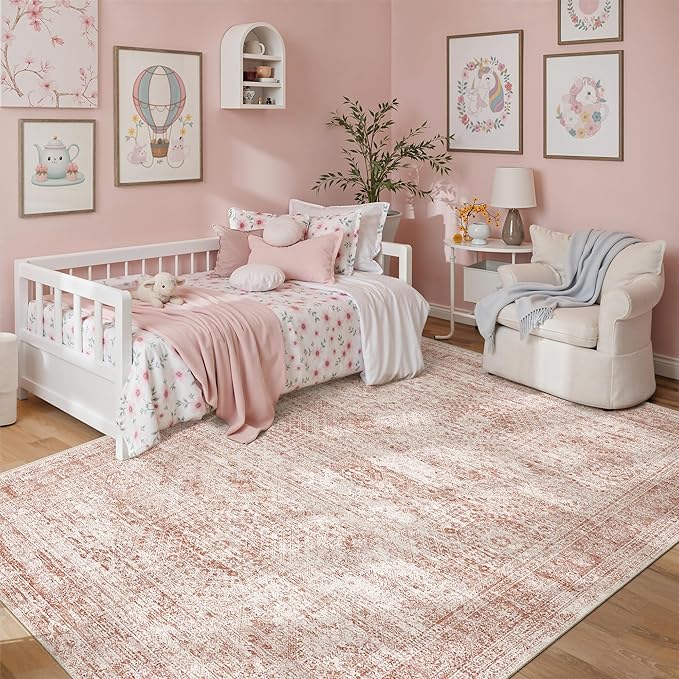 5x7 Area Rugs Pink Low Pile Indoor Washable Trendy Faded Style Rugs by Soalmost