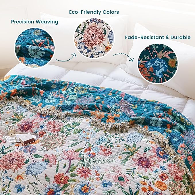 MSGKV Boho Throw Blanket 50"x60" Couch Floral 100% Cotton Blanket Spring - Image 3