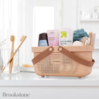 Brookstone Modern Large Portable Shower Caddy with Soft Silicone Carrying Handle, Bathroom Organizer Basket, Plastic Bath Tote and Shower Organizer, Quick Dry Drainage Holes, BPA Free, Blush