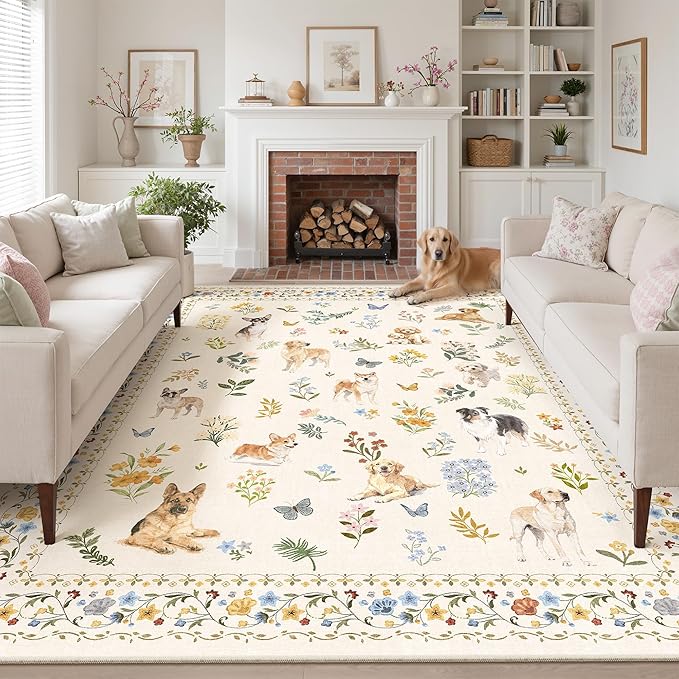 Soalmost Dog 8x10 Area Rugs for Living Room, Machine Washable Animal Floral by Soalmost