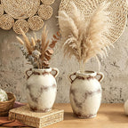 Set of 2 Distressed Ceramic Vase Rustic Farmhouse Dual Handles