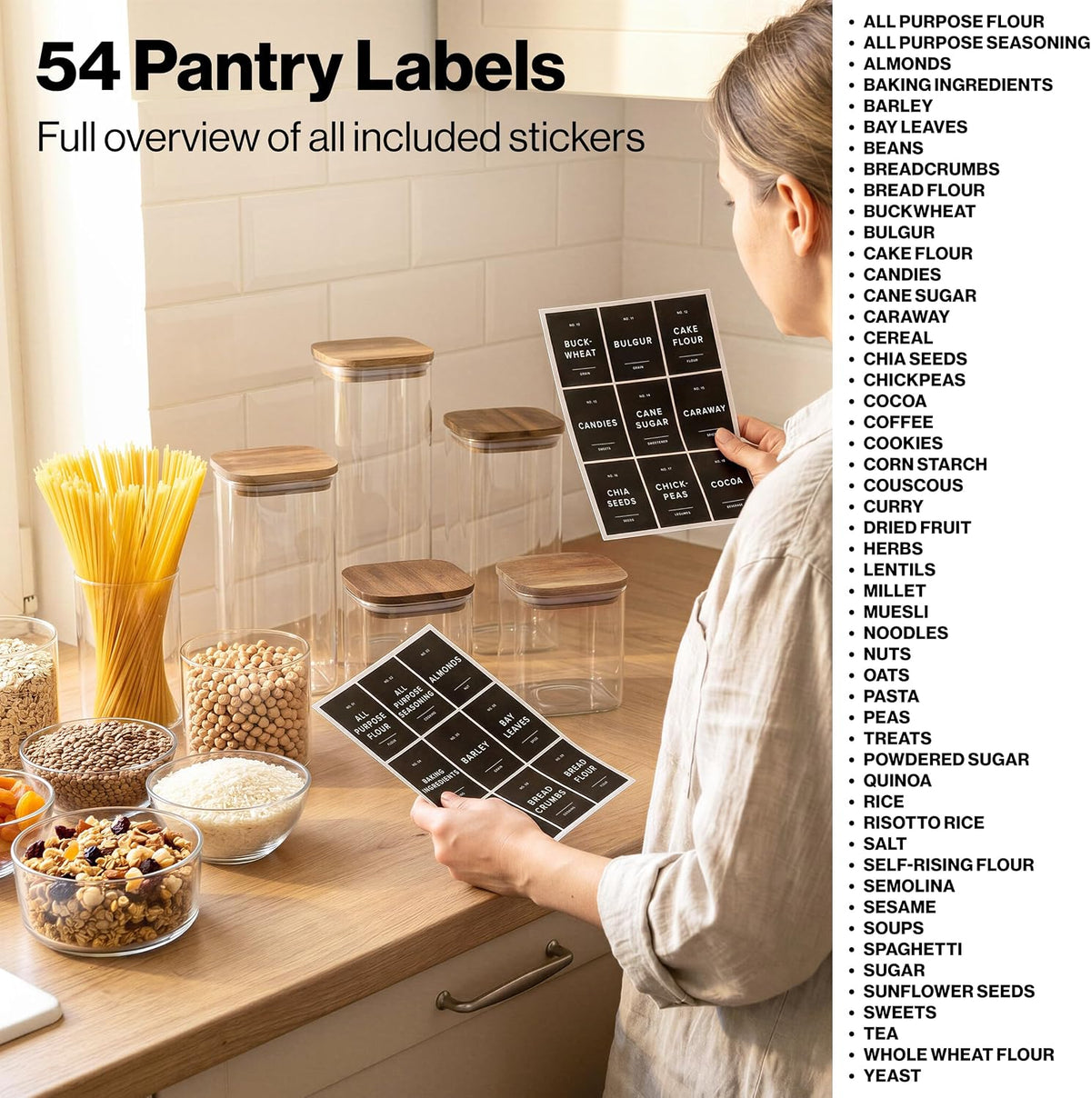 Glass Pantry Storage Jars Containers with Acacia Lids and Labels - Set of 5