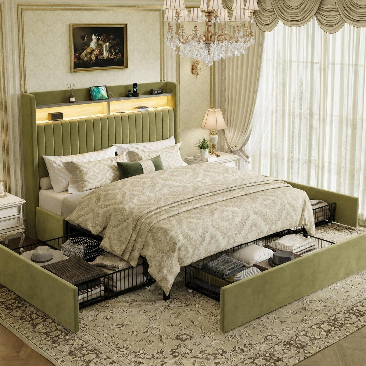 SHA CERLIN Queen Upholstered Platform Bed Frame with 3 Spacious Storage Drawers, Built-in LED Lights & Charging Station, Vertical Tufted Headboard with Shelf, No Box Spring Needed, Chenille White