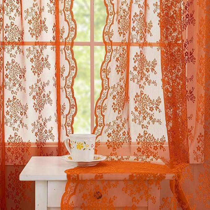 YJ YANJUN Vintage Lace Curtains 45 Inch Length- Burtnt Orange Fall Kitchen by YJYANJUN