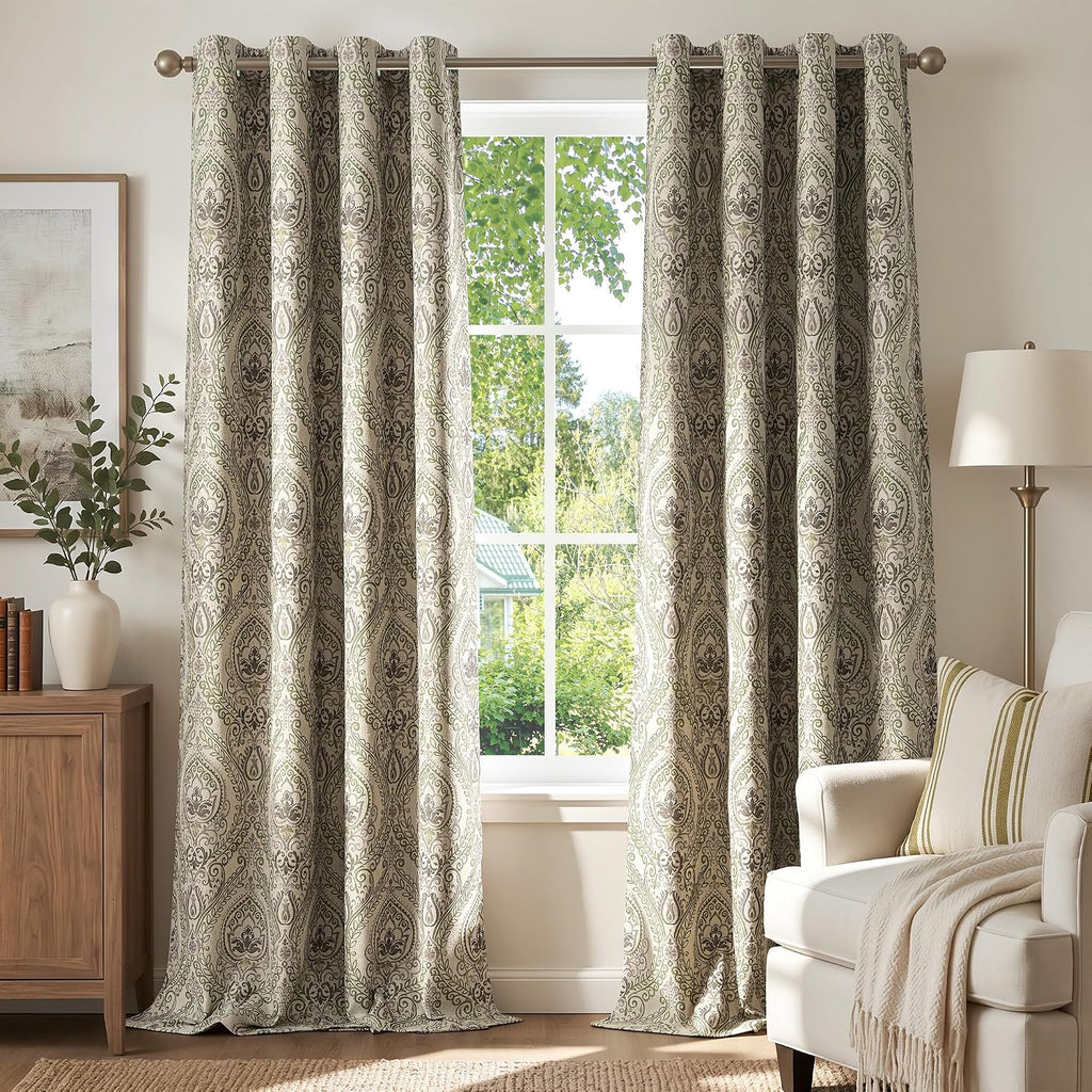 jinchan Sage Green Damask Curtains 96 Inch Room Darkening Grommet 2 Panels