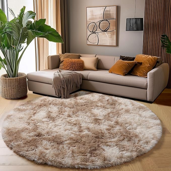 Amdrebio Tie-Dyed Beige Tan Round Area Rug 4Ft - Image 4