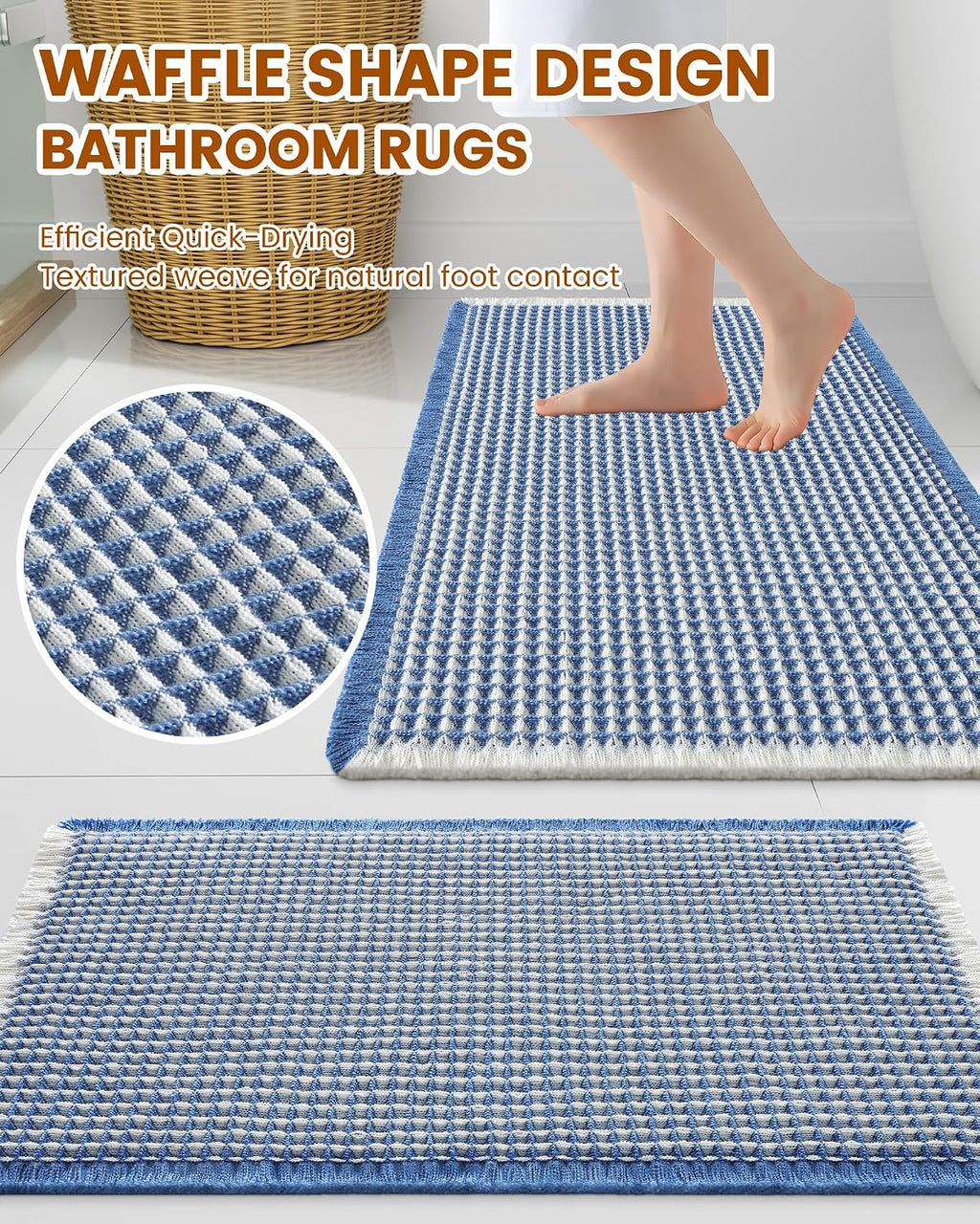 Smiry Waffle Bath Mat 30X18, Soft Absorbent Bathroom Rugs, Blue & Cream