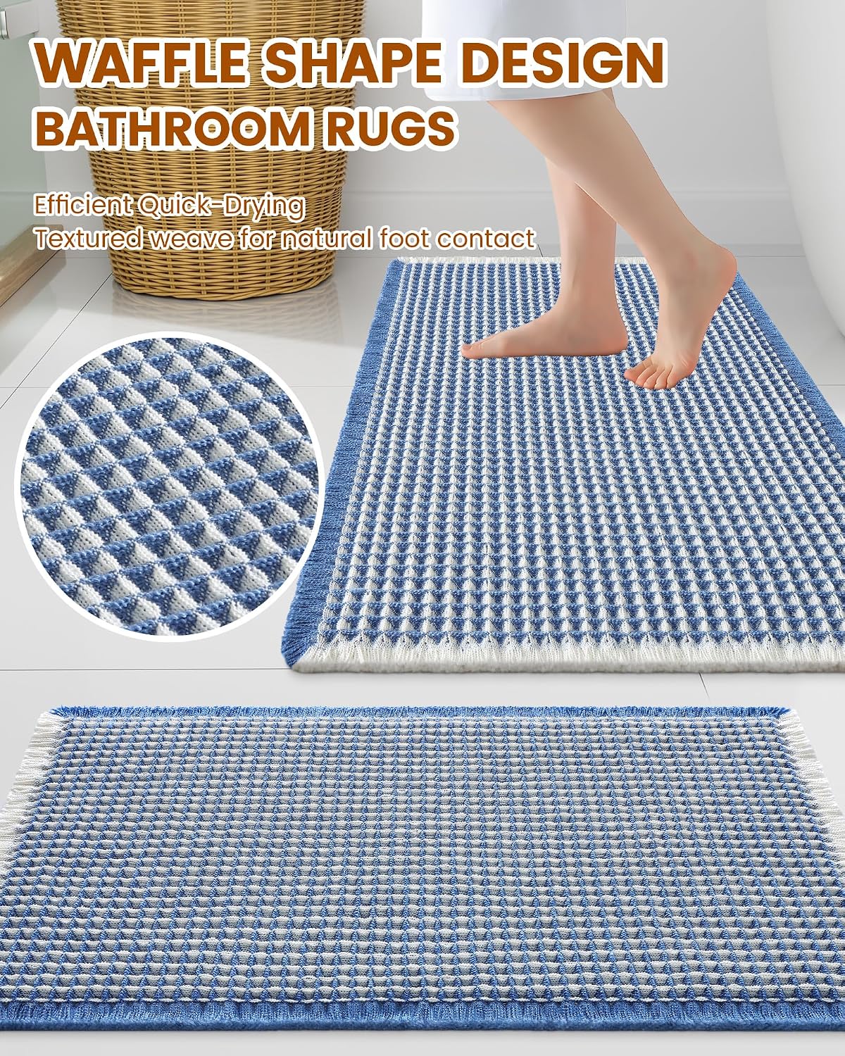 Smiry Waffle Bath Mat 30X18, Soft Absorbent Bathroom Rugs, Blue & Cream