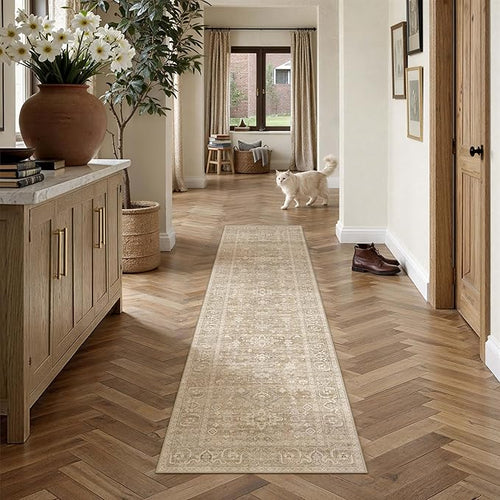 2x8 Washable Runner Rug for Hallway Kitchen Vintage Beige Non Slip Low Pile by WondRg
