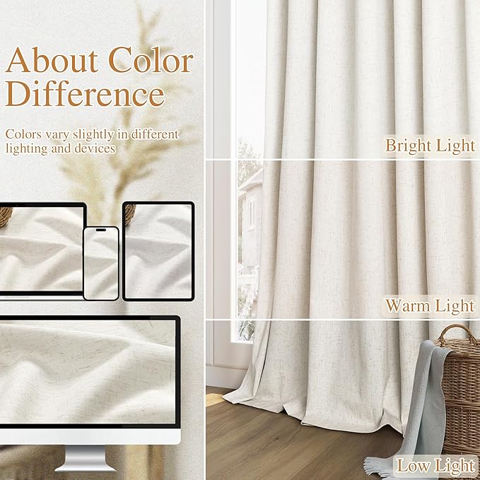 Cream 100% Blackout Linen Curtains 86 Inch Length 2 Panels Set - Image 7
