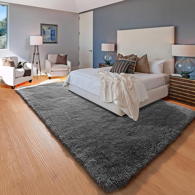 ONASAR Grey Area Rugs for Living Room, 5x8 Gray Fluffy Shag Bedroom Rug - Image 4