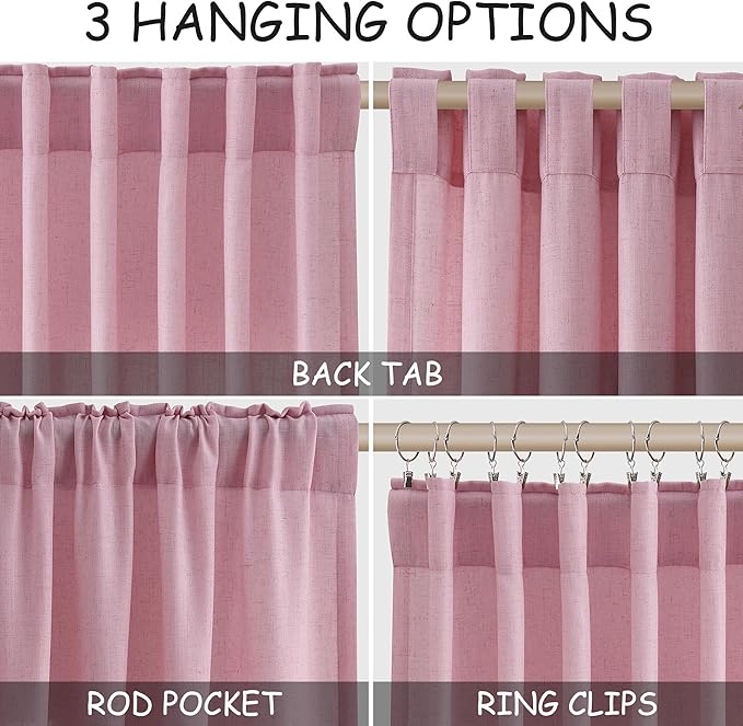 Nanspring Rose Linen Curtains 102 Inches Long 2 Panel Set Back Tab Rod Pocket - Image 2