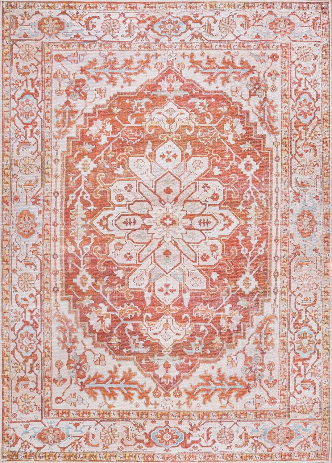 JONATHAN Y Machine Washable Orange/Cream Indoor Area Rug 4X6 ft, ASA Ornate Medallion for Living Room, Bedroom, Kitchen, Office, Easy-Cleaning, High Traffic, Pet-Friendly, Non-Shedding (WSH108A-4)