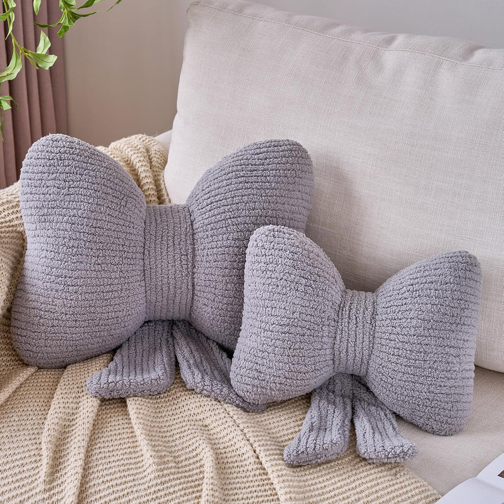 Bow Pillow, Decorative Throw Pillows with Soft Plush, Bow Throw Pillow for Couch Bed, Home Decor Bow Shaped Pillow for Bedroom Living Room (Grey, 12 Inches)