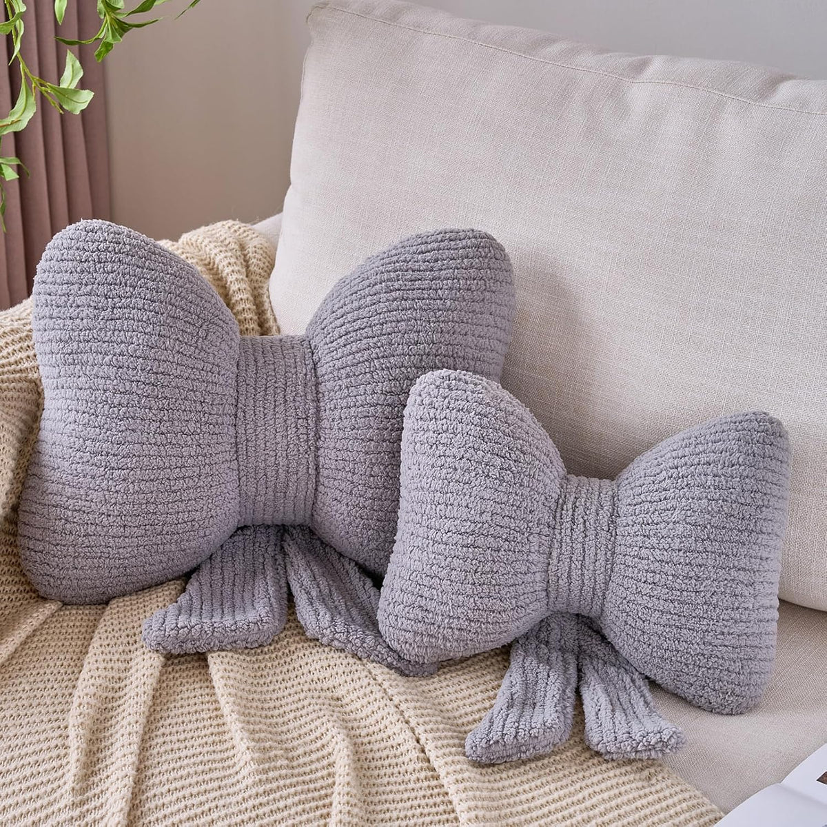 Bow Pillow, Decorative Throw Pillows with Soft Plush, Bow Throw Pillow for Couch Bed, Home Decor Bow Shaped Pillow for Bedroom Living Room (Grey, 12 Inches)