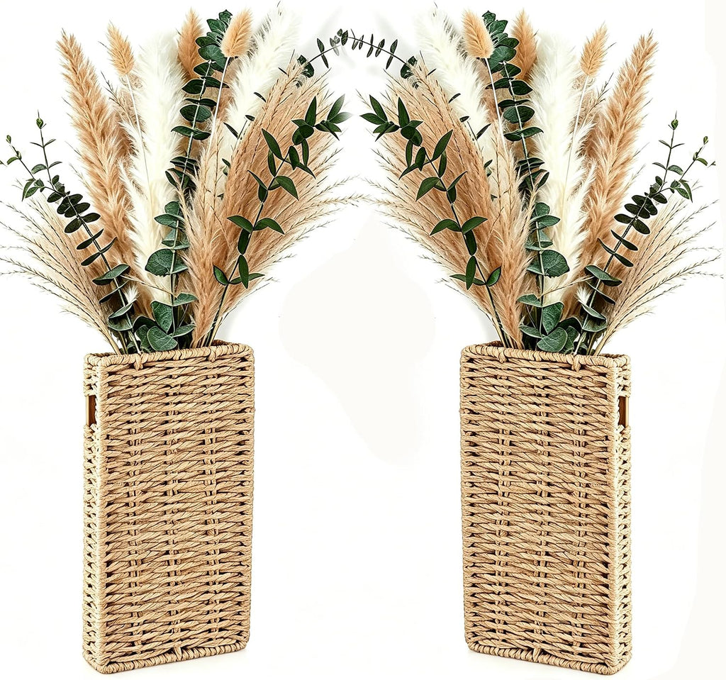 2 Pack Wall Wooden Vases with Pampas Grass – Boho Decor for Living Room, Modern Farmhouse Entryway or Bathroom, Rustic Art for Home Decoration