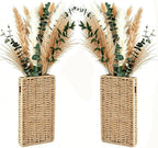 2 Pack Wall Wooden Vases with Pampas Grass – Boho Decor for Living Room, Modern Farmhouse Entryway or Bathroom, Rustic Art for Home Decoration