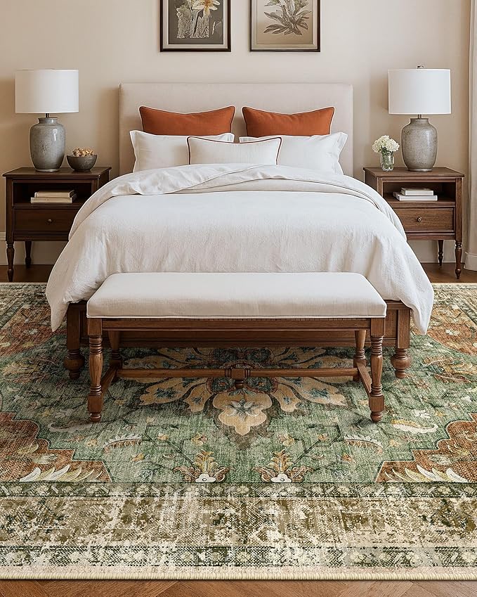 Area Rugs 10'x14' Washable Non-Slip, Floral Vintage Distress Print Pattern - Image 3