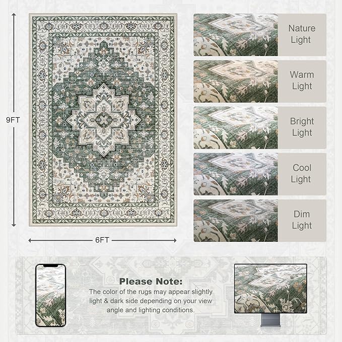 6x9 Area Rugs Living Room Rug: Washable Vintage Boho Medallion Rug No Slip - Image 2
