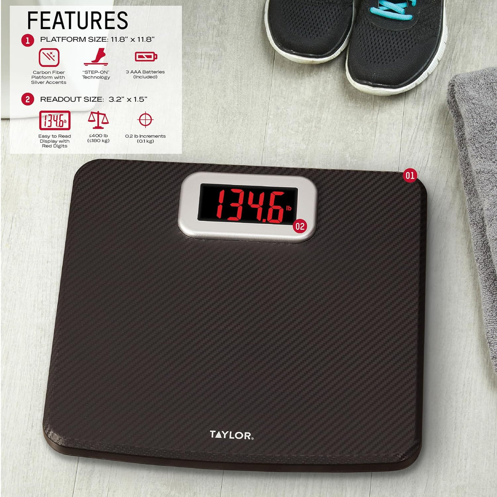 Taylor Digital Bathroom Scale, 440 lb Cap, Red LED, Anti-Slip, Black