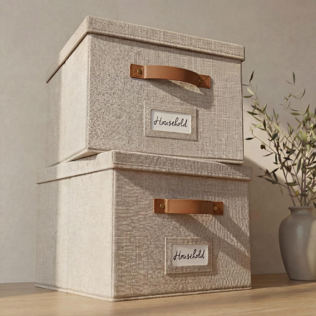 Decorative File Organizer Box Set of 2 - Collapsible Linen Filing Cabinets
