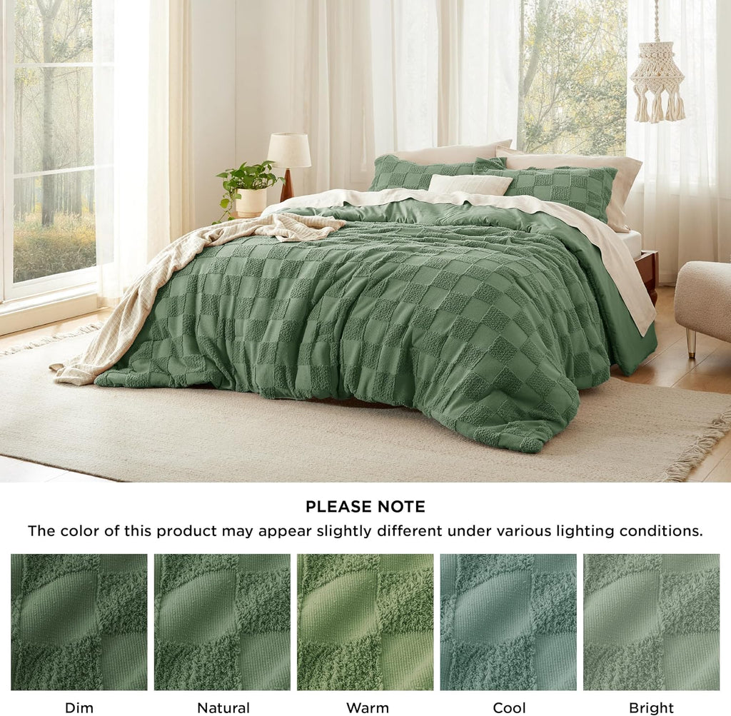 Bedsure Green Plaid Comforters Queen Set, Vintage Boho Bedding Set 3 Pcs