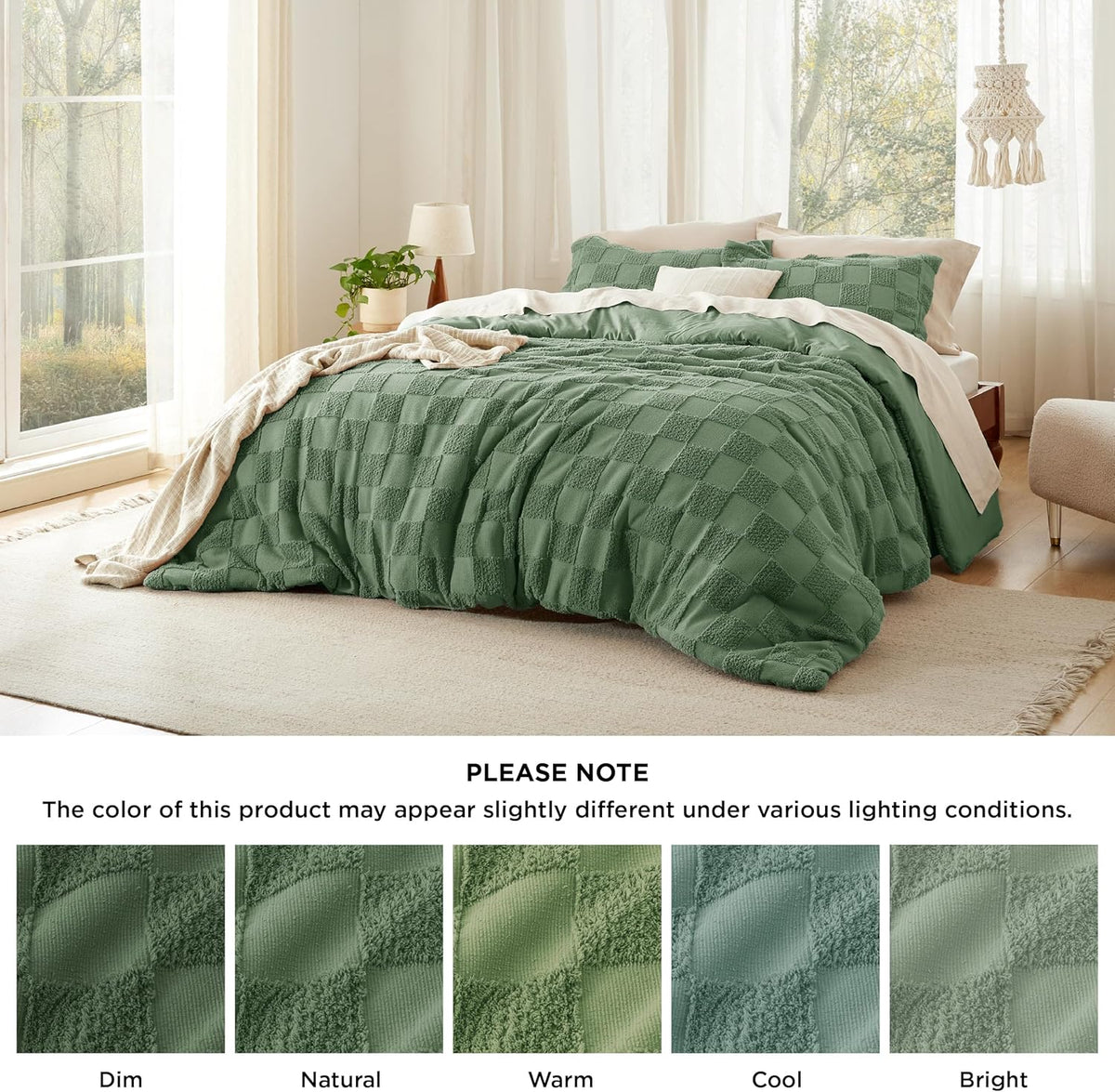 Bedsure Green Plaid Comforters Queen Set, Vintage Boho Bedding Set 3 Pcs