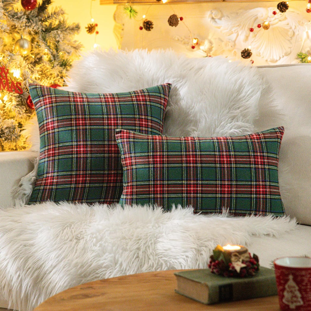 AQOTHES Christmas Plaid Decorative Throw Pillow Covers Red Green 18x18