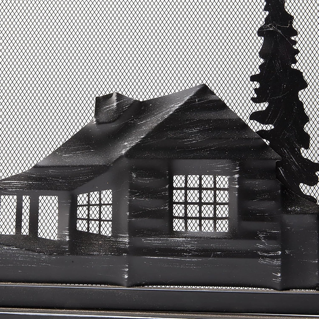 Plow & Hearth Metal Fireplace Screen Cabin Black | 44" W x 33" H | Magnetic Hinged Door | Spark Guard Cover | Stand Alone Wrought Iron Panel Fire Place Cover