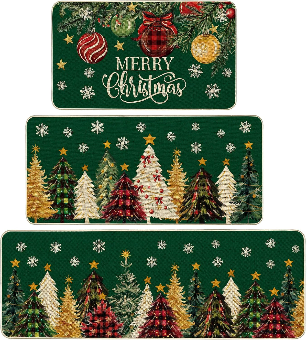 Red Christmas Tree Kitchen Rugs Set of 3, Non Slip Rubber Backing