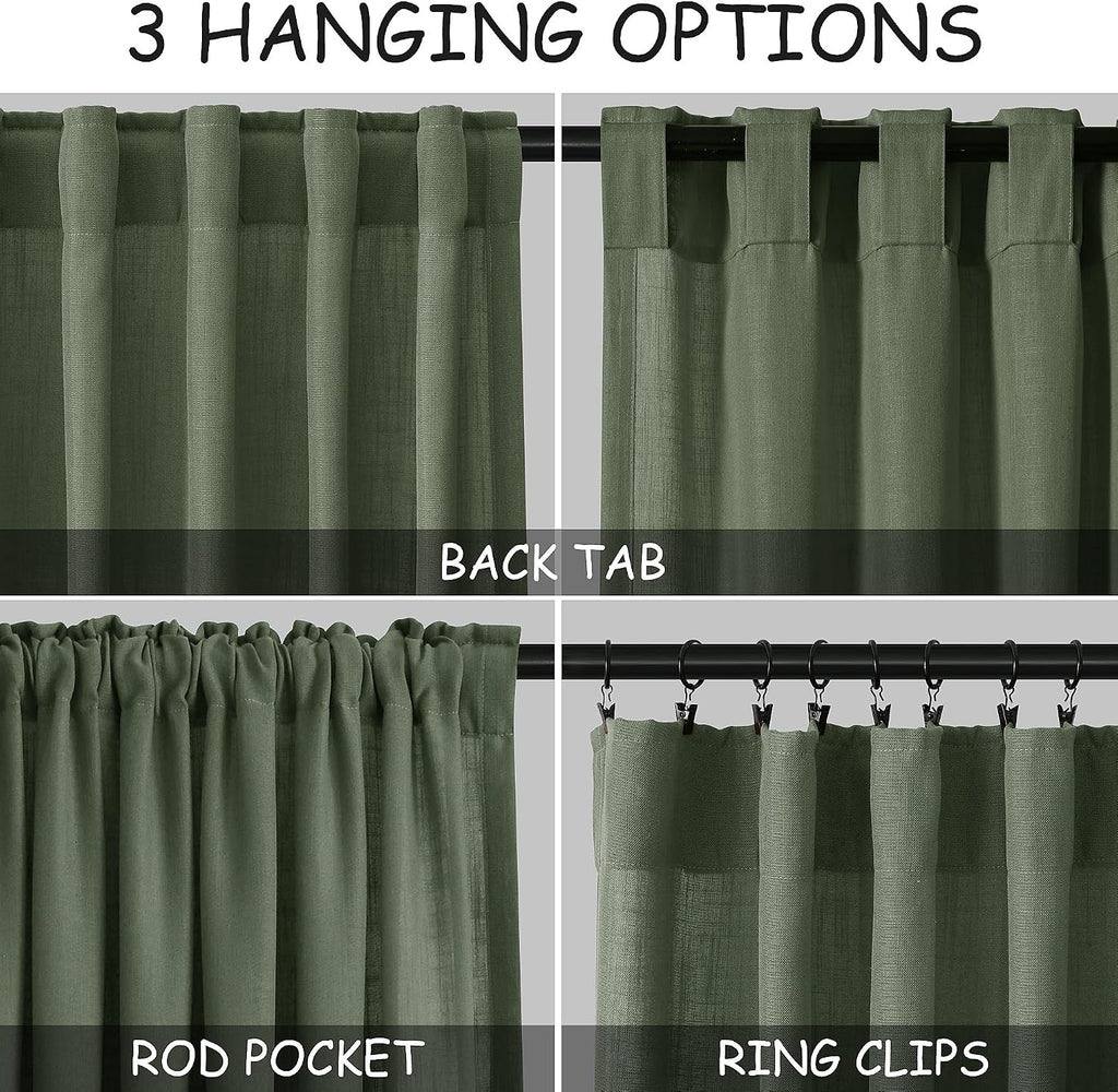 Olive Green Linen Curtains 84 Inches Long for Living Room Back Tab Light Filtering Privacy Semi Sheer Curtains Modern Farmhouse Decor Olive Green Curtain for Bedroom 2 Panels 52x84