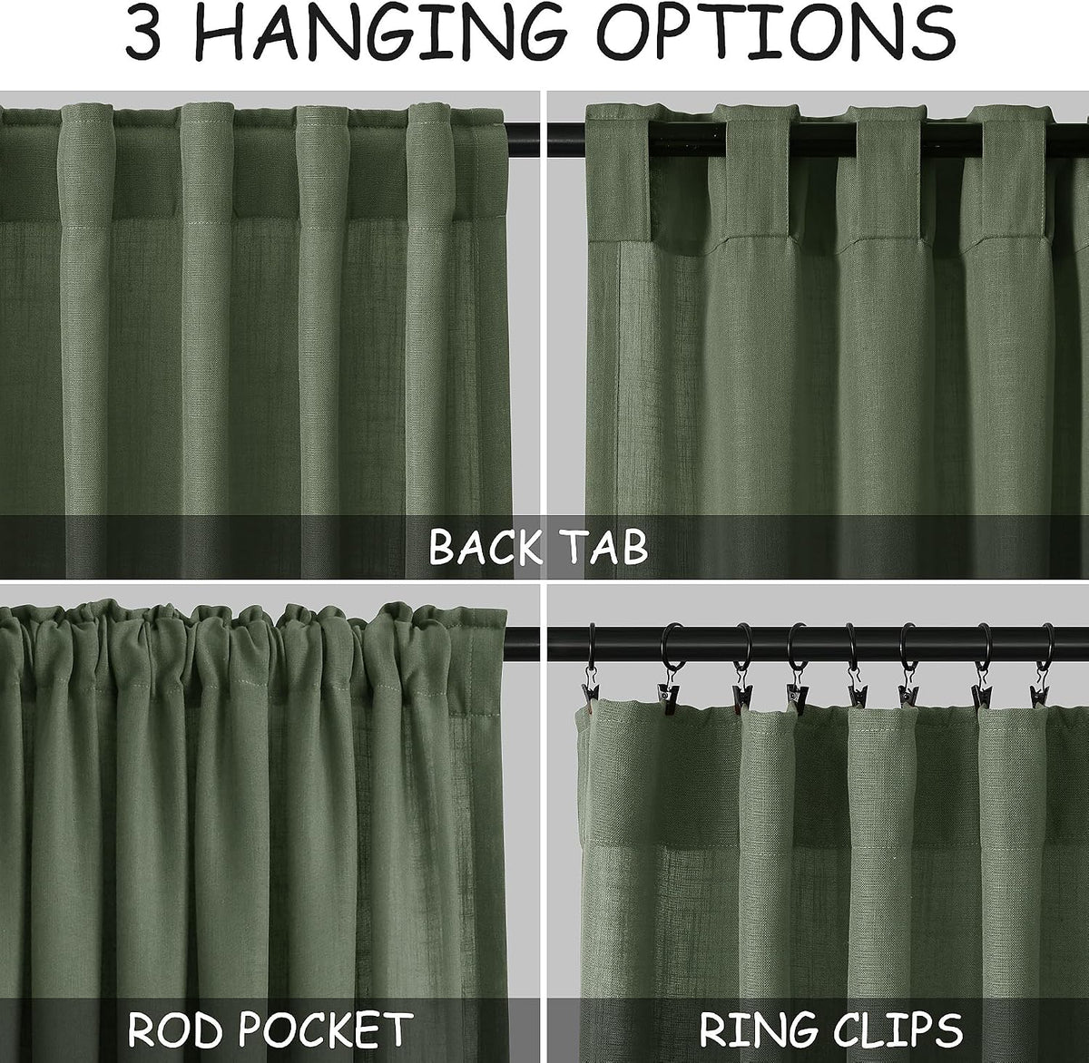 Olive Green Linen Curtains 84 Inches Long for Living Room Back Tab Light Filtering Privacy Semi Sheer Curtains Modern Farmhouse Decor Olive Green Curtain for Bedroom 2 Panels 52x84