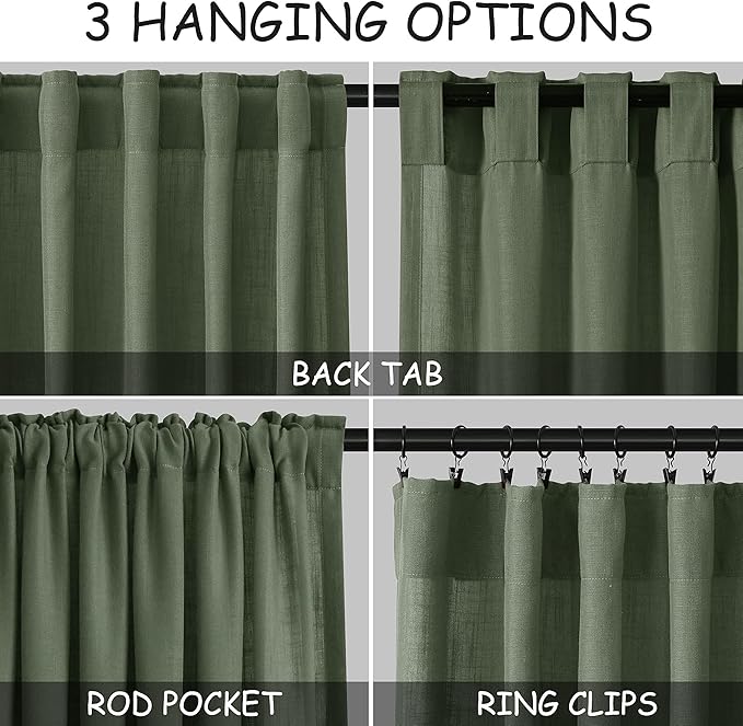 Olive Green Linen Sheer Curtains 63 Inch Length 2 Panel Set Back Tab Rod Pocket - Image 2