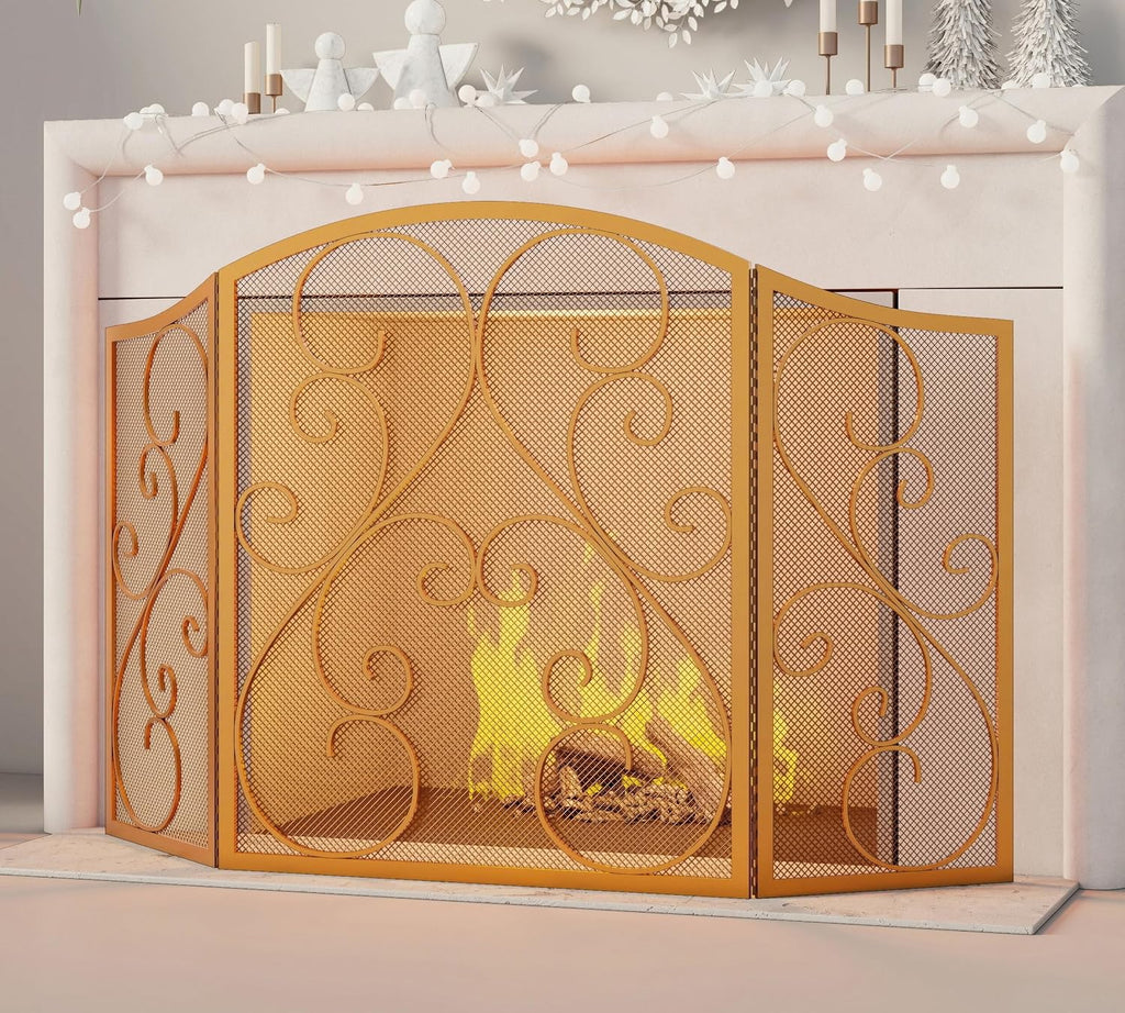 Fire Beauty Fireplace Screen 3 Panel Wrought Iron Metal 48"(L) x30(H) Spark Guard Cover(Golden Dusting)