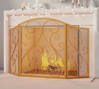 Fire Beauty Fireplace Screen 3 Panel Wrought Iron Metal 48"(L) x30(H) Spark Guard Cover(Golden Dusting)