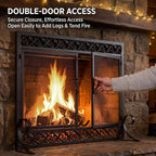 Plow & Hearth Scrollwork, 37" W X 30" H, Metal Fireplace Screen with Magnetic Hinged Doors, Spark Guard Cover, Stand Alone Wrought Iron Panel Fire Place Cover