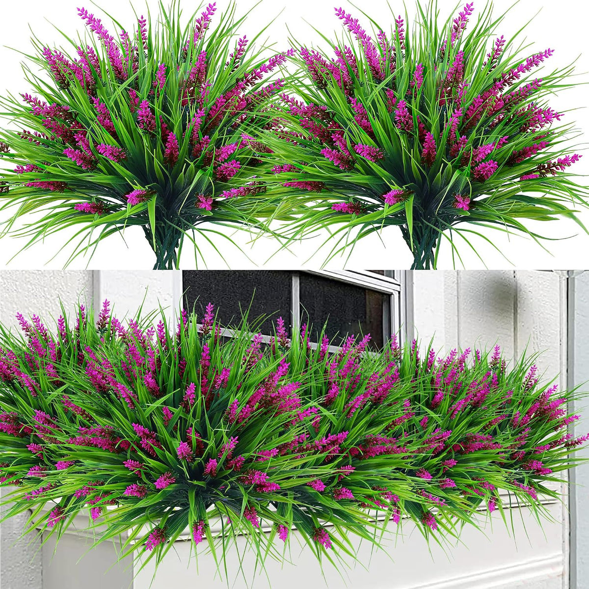 Sggvecsy 24 Bundles Artificial Plants Outdoor Faux Lavender Flowers Fake Monkey Grass UV Resistant Plastic Greenery Plants for Garden Home Porch Window Patio Hanging Planter Indoor Decor (White)