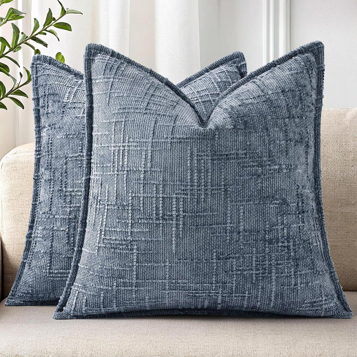 decorUhome Chenille Throw Pillow Covers 20x20 Set of 2, Blue Grey