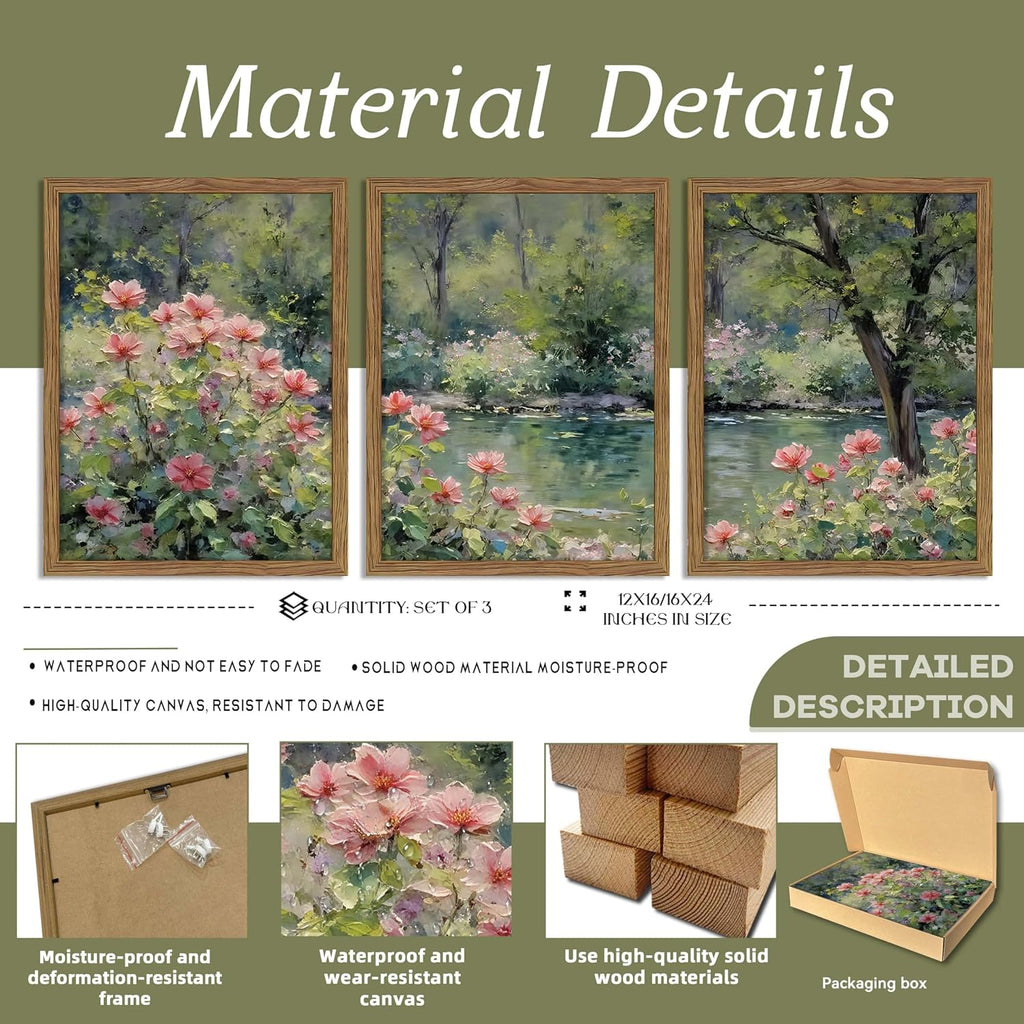 Framed Monet Wall Art Set of 3, Impressionist Botanical Floral Canvas Wall Decor, Vintage Cottagecore Artwork Paintings, Nature Landscape Flowers Prints Pictures for Living Room Bedroom 12x16 Inch