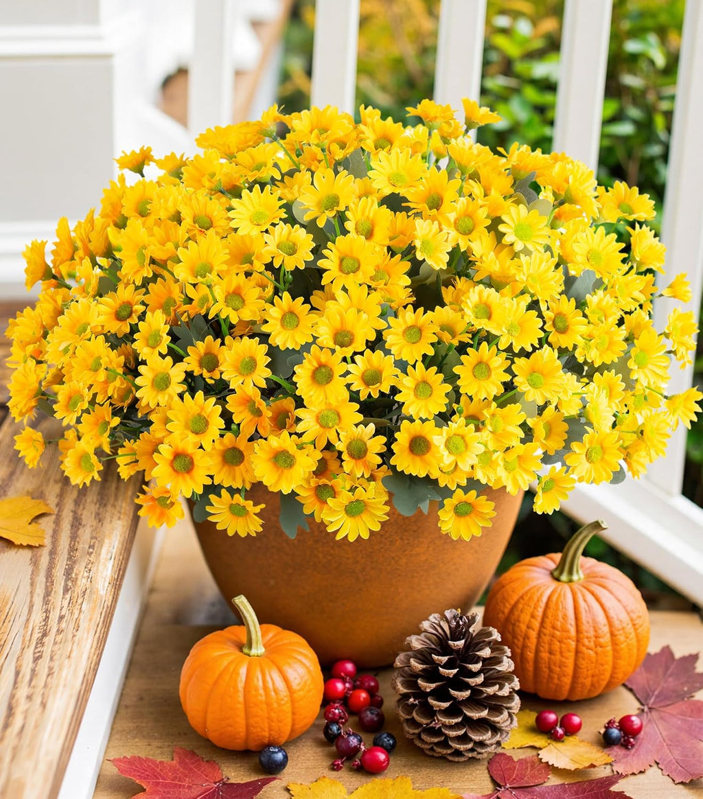 Daisy Artificial Flowers for Outdoors Fall Autumn Decoration, 6 Bundles Fake Mums Yellow Silk Flowers for Outside Look Real UV Resistant Faux Flowers Plants for Planter Front Door Home Indoor Porch