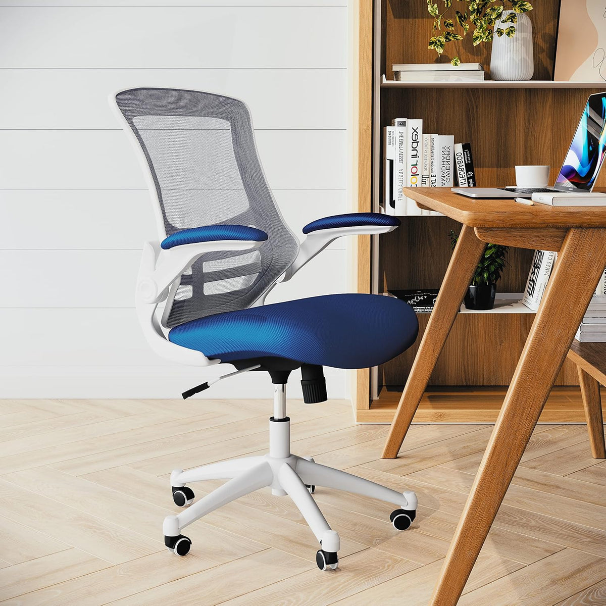 Flash Furniture Kelista Office Chair, Ergonomic, Mid-Back, White Frame, Blue Mesh with Swivel