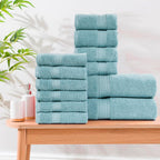 HILLFAIR Premium 100% Combed Cotton 12 Piece Bath Towels Set - Ocean Blue